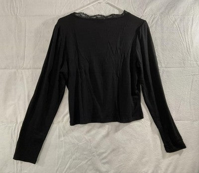 KOMEIANA T-Shirt Womens L Black Henley Long Sleeve Lace Trim Stretch Jersey