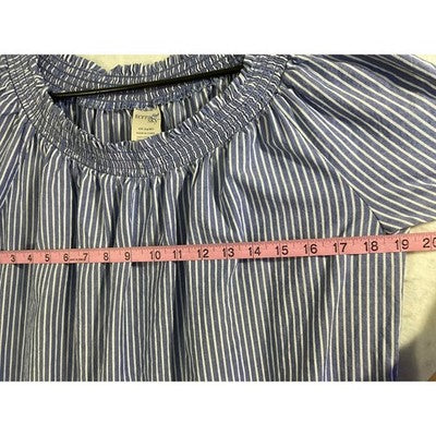 Terra & Sky Shift Dress Women 0X Blue Striped Cotton Smocked Neck Tie Sleeve