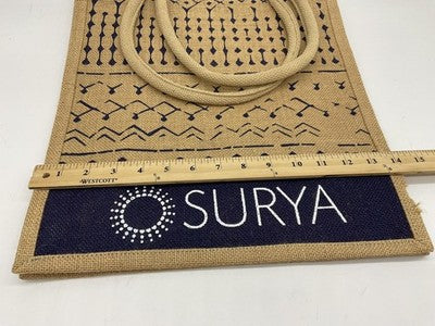 Surya Jute Tote Bag Tan Navy Reusable Shopping Grocery Handbag Rope Handles
