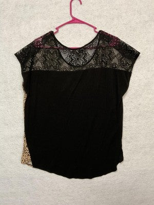VTG Carol Rose Blouse Women XL Beige Leopard Print Lace Yoke Cap Sleeve Knit Top