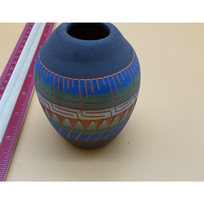 Indian Hand Etched Painted Clay Pottery Vase 3.25" Tall, Mid-Century