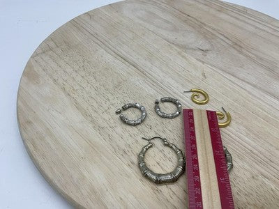Lot 3 Womens Hoop Earrings Gold Tone Silver Tone Bamboo Spiral Round Multicolor