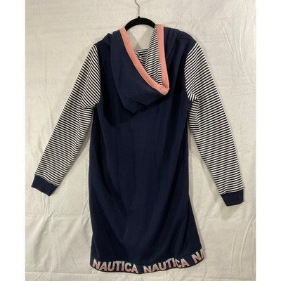 Nautica Hoodie Dress Womens Large Navy Blue Striped Sleeve Logo Hem 07D922 NEW