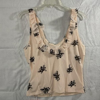 TANKANEO Cami Tank Top Womens Medium Beige Floral Ruffle Bow Lined Stretch