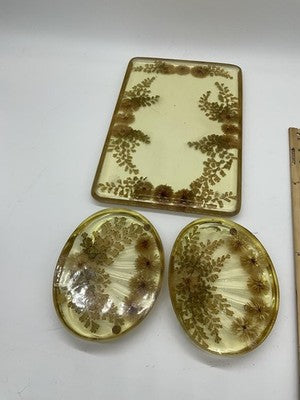 Vintage Lucite Resin Vanity Tray 2 Soap Dishes Set Embedded Flowers Mid Century