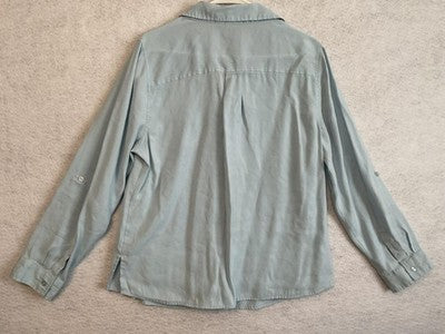 Chico's Shirt Womens 2 Blue Collared Button Front Roll Tab Sleeve Blouse Top