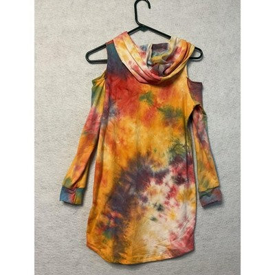 Love Hoodie Tunic Womens Medium Multicolor Tie Dye Cold Shoulder Kangaroo Pocket