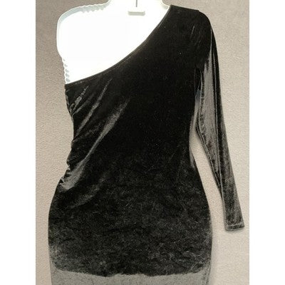 One Shoulder Black Velvet Dress Size Med Faux Wrap Bodycon Cocktail Gown