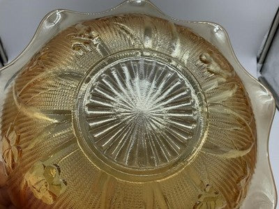 Vintage Amber Carnival Glass Serving Bowl Floral Ruffle Edge Gold Iridescent MCM