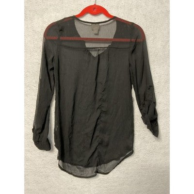 Mossimo Supply Co Shirt Womens XS Black Sheer Lace Shoulder Roll Tab Top Blouse