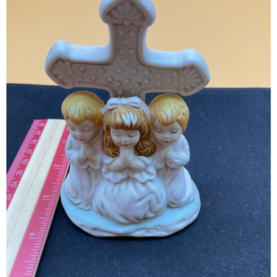 Vintage Porcelain Cross with Praying Children Figurine, 4.5" Tall