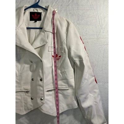 Adidas Moto Jacket Women Large White Red Faux Leather Trefoil Logo Biker Street
