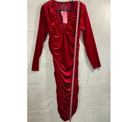 Shein Curve Midi Dress Womens 0XL Red Velvet Ruched V-Neck Bodycon Holiday Party