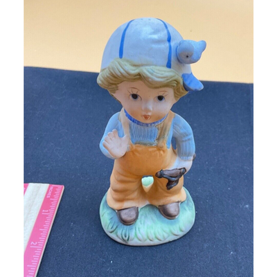 1970s Homco Boy Figurine with Baseball Cap & Blue Bird, 5" Tall,