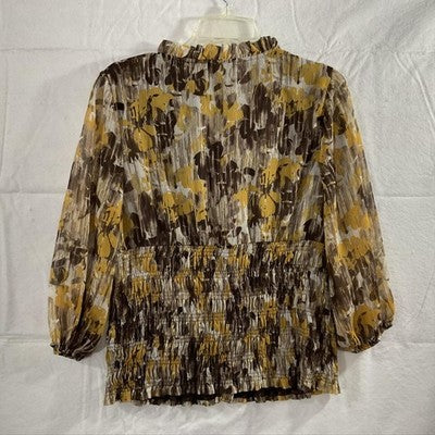 Cato Blouse Womens Large Brown Floral Chiffon Ruffle V Neck 3/4 Sleeve Tunic Top