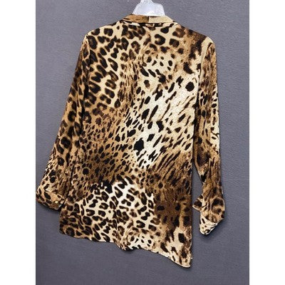 XL Leopard Lightweight Blouse Animal Print Long Sleeve Tie Neck Zip Pockets Chic
