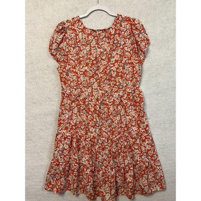Emma & Michele Dress Womens Medium Red Floral Tiered Short Sleeve V-Neck A-Line