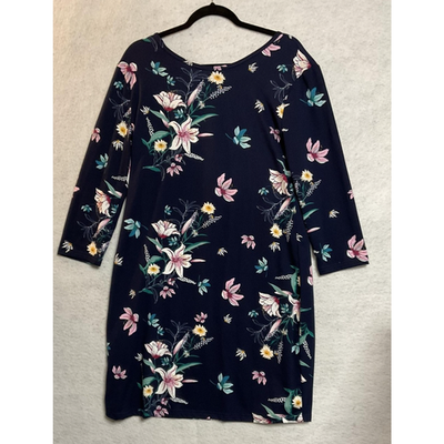 Serra Dress Womens Large Navy Blue Floral 3/4 Sleeve V Neck Shift Stretch Jersey