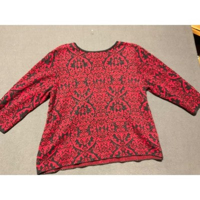 Dana Buchman XXL Red Black Damask Jacquard Knit Sweater Top Holiday