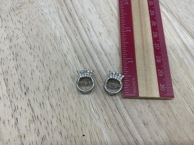 Silver Tone Crown Circle Pendants Charms Womens Rhinestone Stud Pair 1"