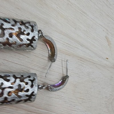 Silver Tone Rectangle Dangle Earrings Womens Rhinestone Floral Drop Jewelry