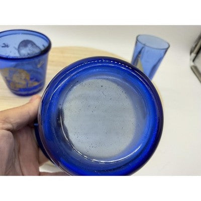 VTG Hazel Atlas Cobalt 2 Ice Buckets, 1 Glass Tumbler Etched Nautical Barware