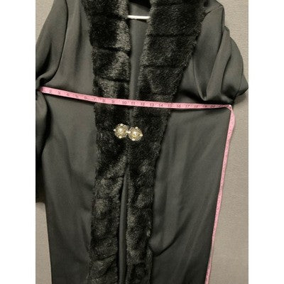 Vintage Hosanna Design Black Long Coat L Faux Fur Collar Jeweled Button USA Made