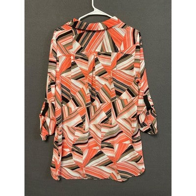 Renuar Sheer Button-Down Blouse L Geometric Striped Print Long Sleeve