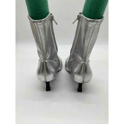 Abound Metallic Silver Ankle Boots Womens Pointed Toe Kitten Heel Zip Cyber