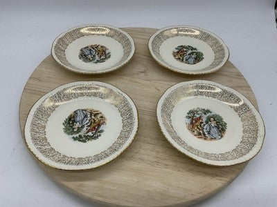 Homer Laughlin Dessert Bowls Set 4 White Gold Courting Couple USA Scene Vintage