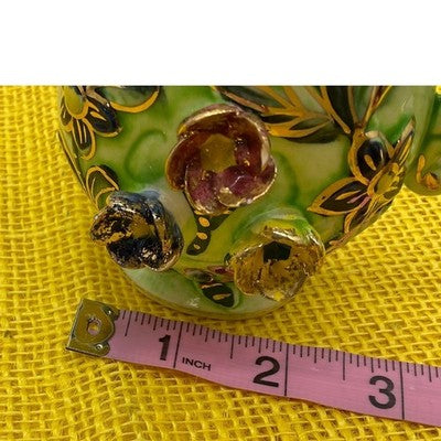 Creamer Pitcher Unisex 4" Green Floral 3D Applied Gold Trim Bud Vase Retro