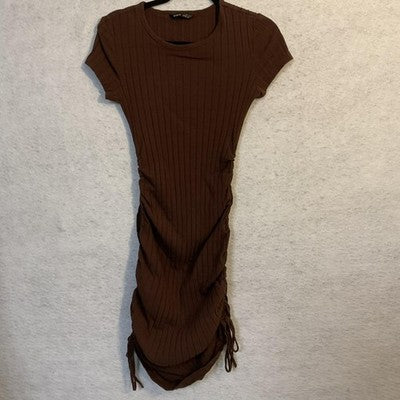 SheIn Dress Womens Large Brown Ruched Ribbed T Shirt Bodycon Knit Knee Length