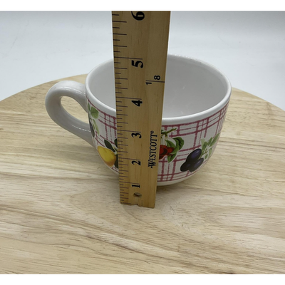 Ceramic Soup Mug Oversized Coffee Cup Fruit Pattern Red Plaid Handle Bowl VTG