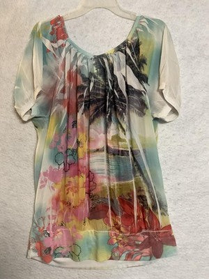 Maurices Blouse Women 2X Multicolor Floral Tropical Sheer Scoop Neck Top Chiffon