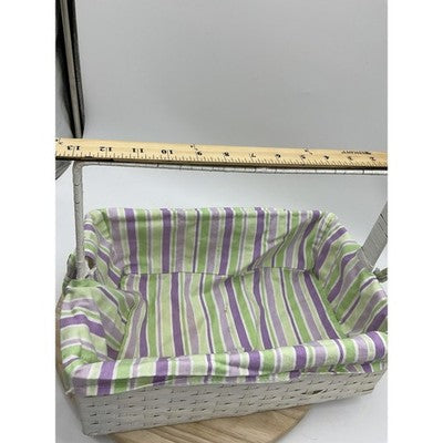 White Wicker Rectangular Basket Handle Lined Striped Fabric Insert Storage Tray