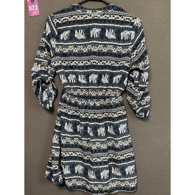 Rue 21 Dress Medium Elephant Print Roll Tab Sleeves Elastic Waist Safari