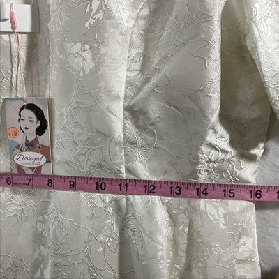 Doveyaf Dress Womens 2XL White Jacquard High Neck Puff Sleeve Qipao Wedding NWT
