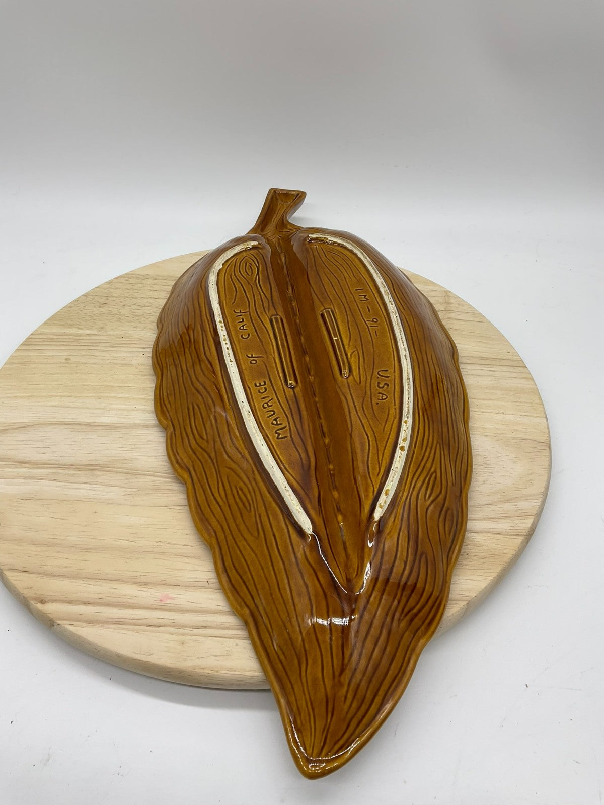 Vintage Maurice Of Calif Leaf Serving Dish Set Brown Red Drip Glaze USA Pottery