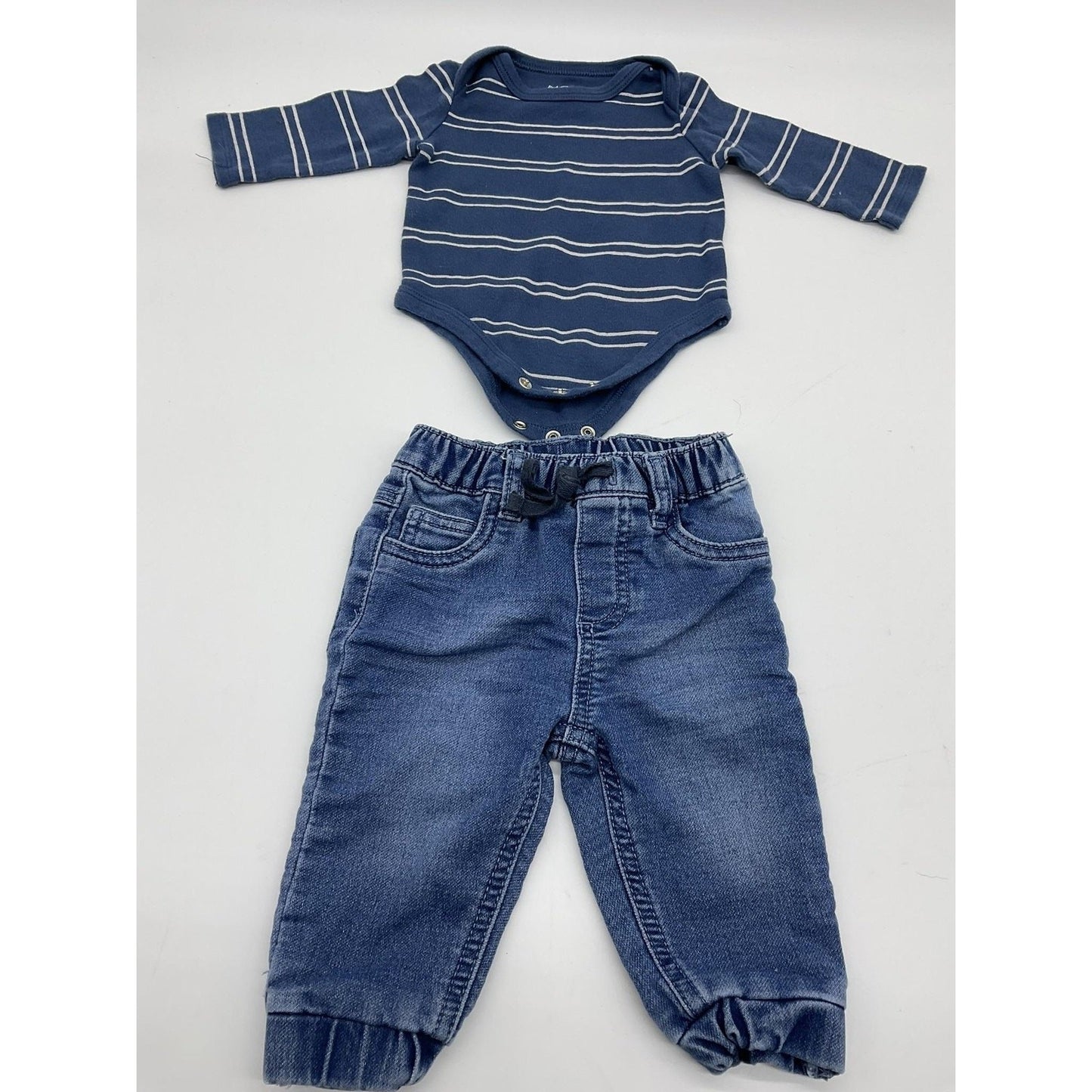 First Impressions Bodysuit Pants Set Boys 3-6 Months Blue Striped Denim Outfit