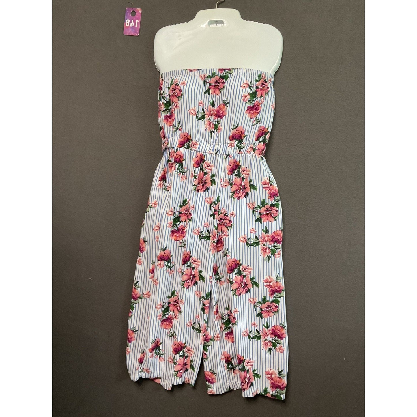Shosho Floral Strapless Jumpsuit Romper Stretch Blue White Stripe Pockets Size S