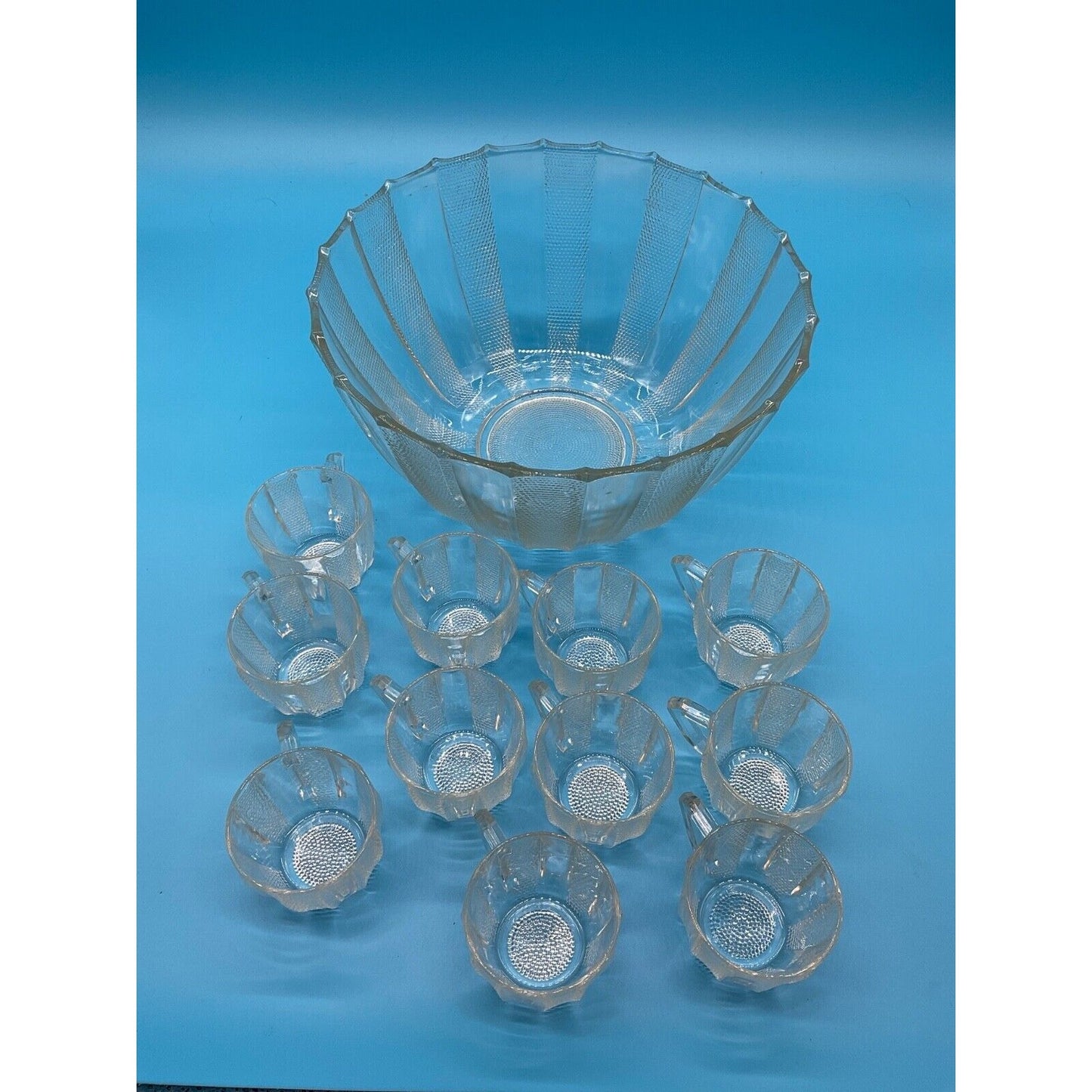 Vintage Glass Punch Bowl & 11 Cups Mid-Century Party Drinkware Textured Clear