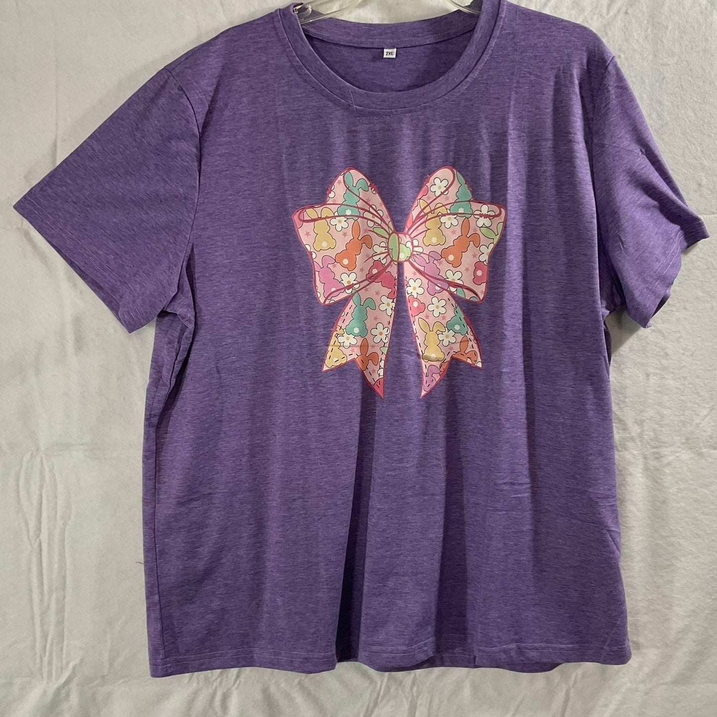 T-Shirt Womens 2XL Purple Bunny Bow Graphic Tee Easter Spring Casual