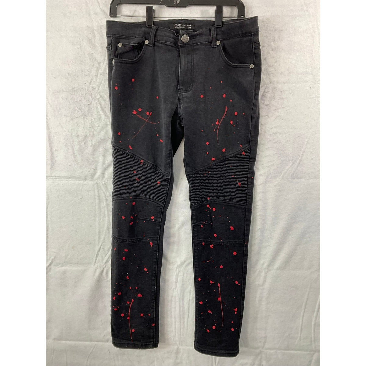 Trestles Supply Co Moto Jeans Mens 34 Black Red Paint Splatter Biker Streetwear