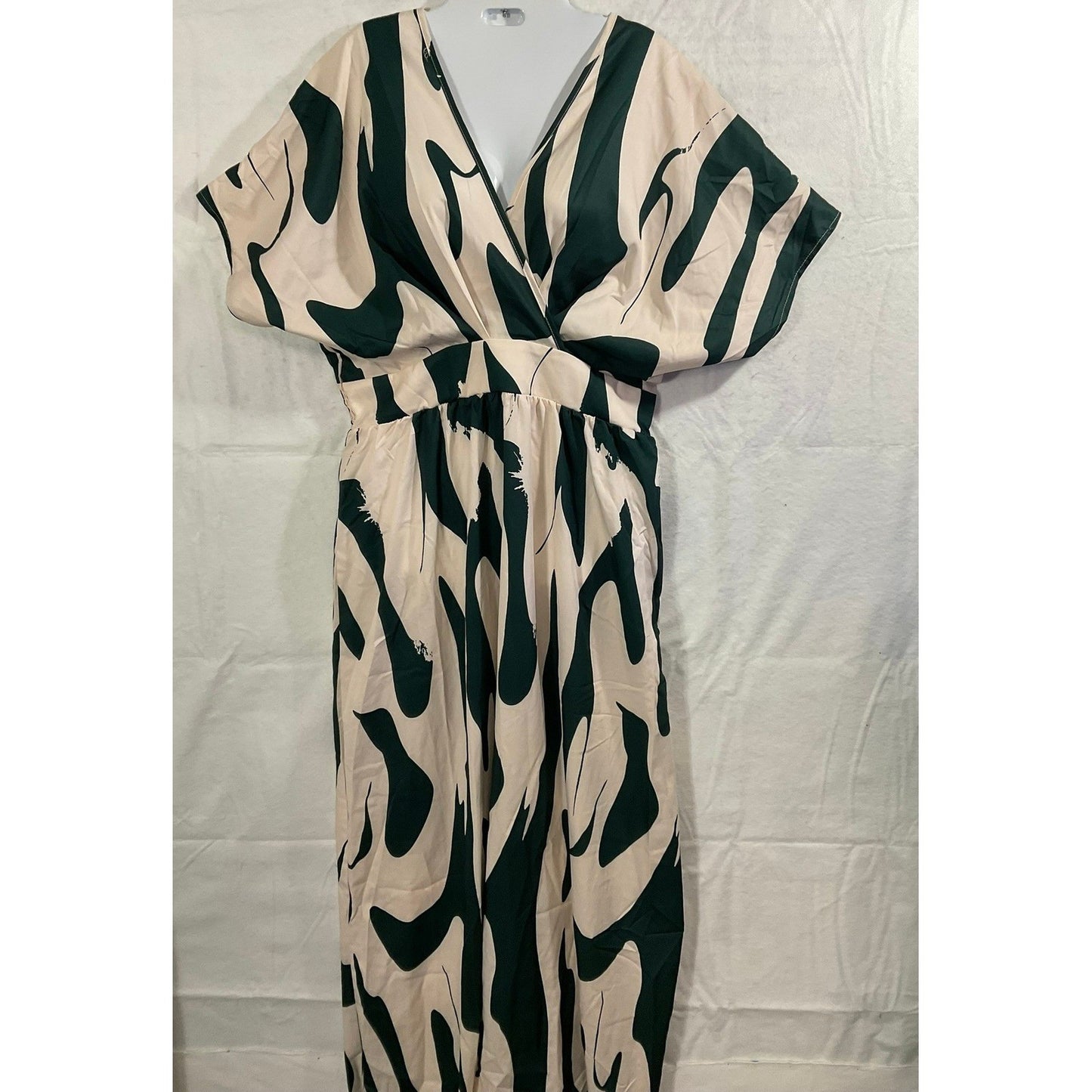 Shein Abstract Print Jumpsuit Womens 0XL Green Cream Wide Leg Surplice V-Neck