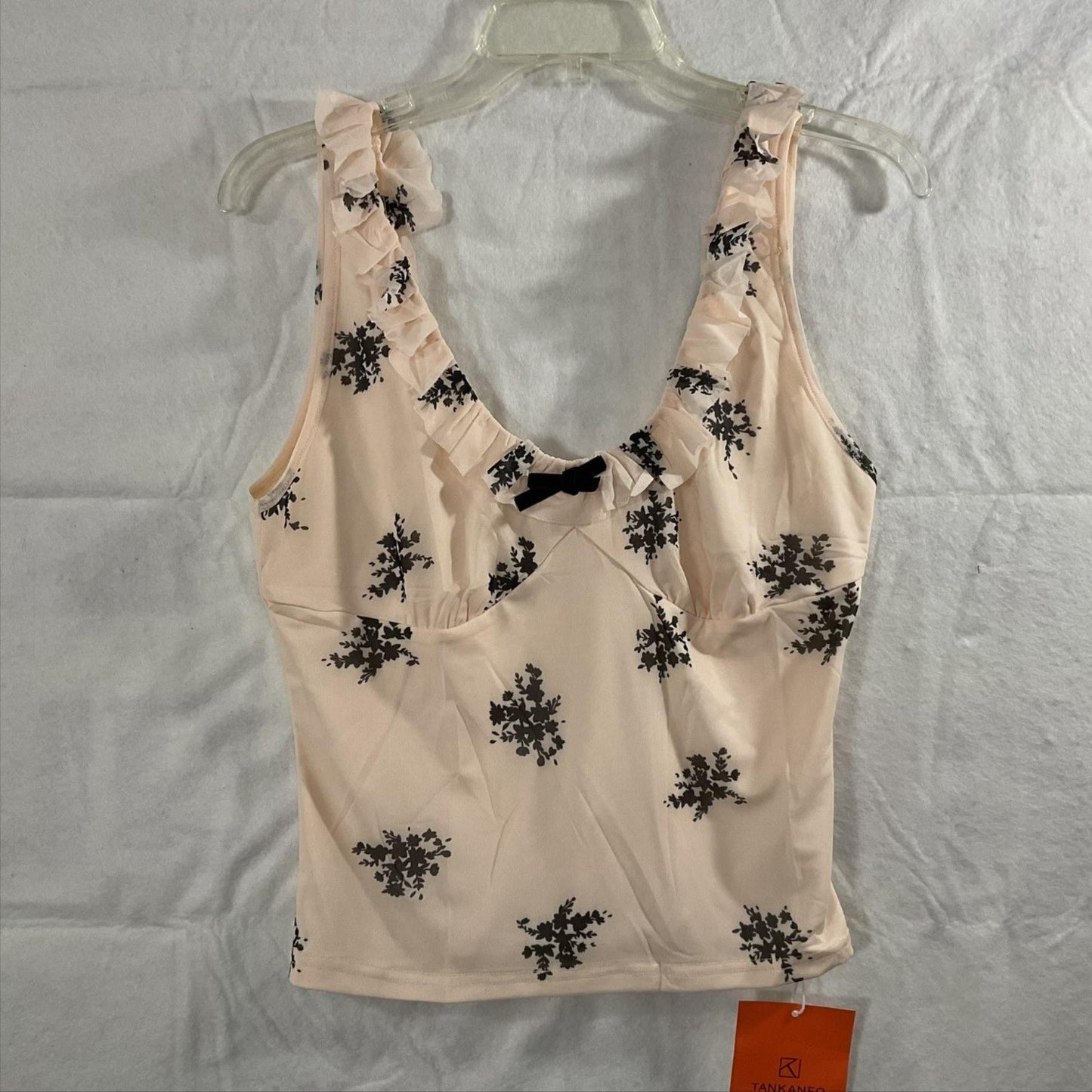 TANKANEO Cami Tank Top Womens Medium Beige Floral Ruffle Bow Lined Stretch
