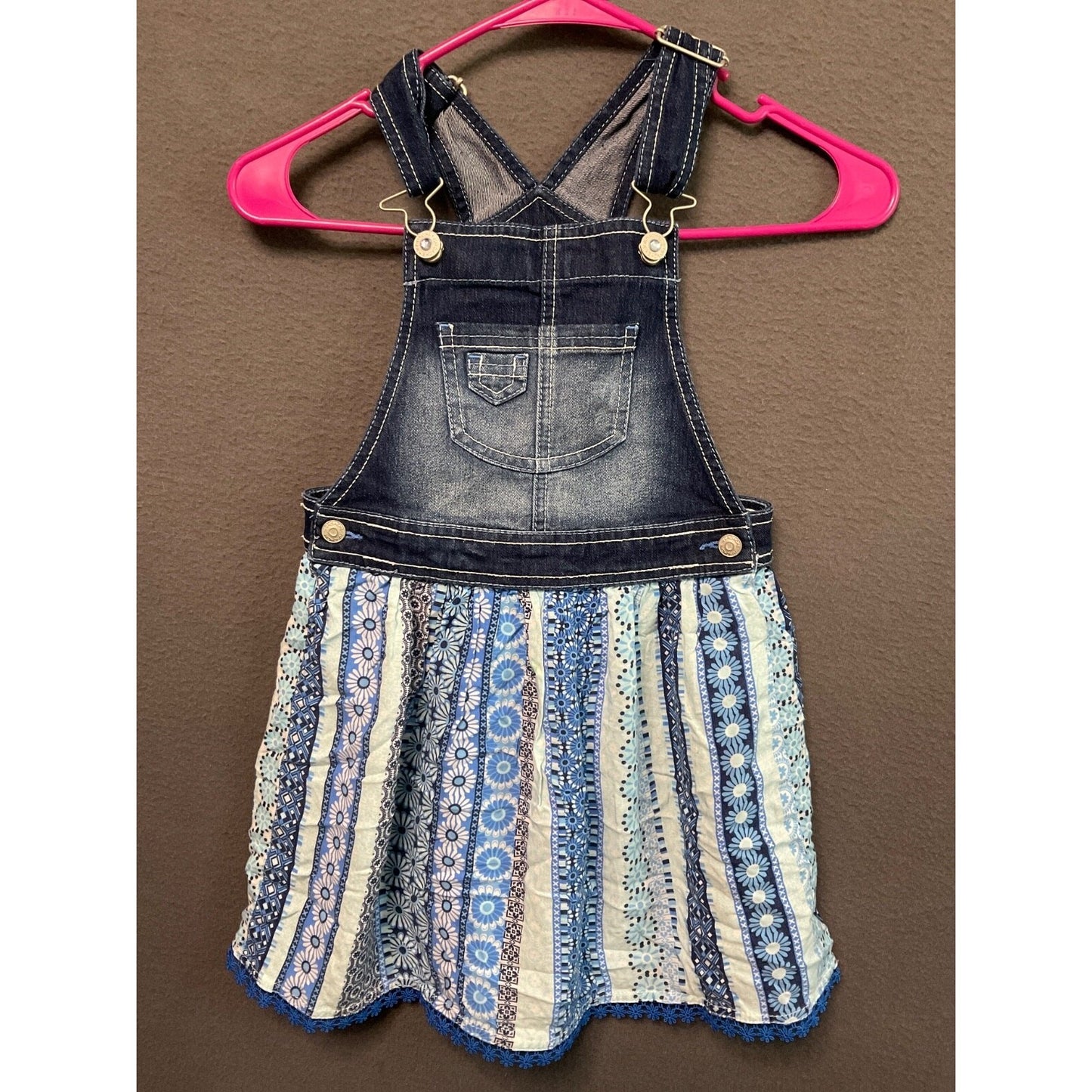 Jordache Girls Denim Overall Dress Size 6/6X Blue Pattern Skirt