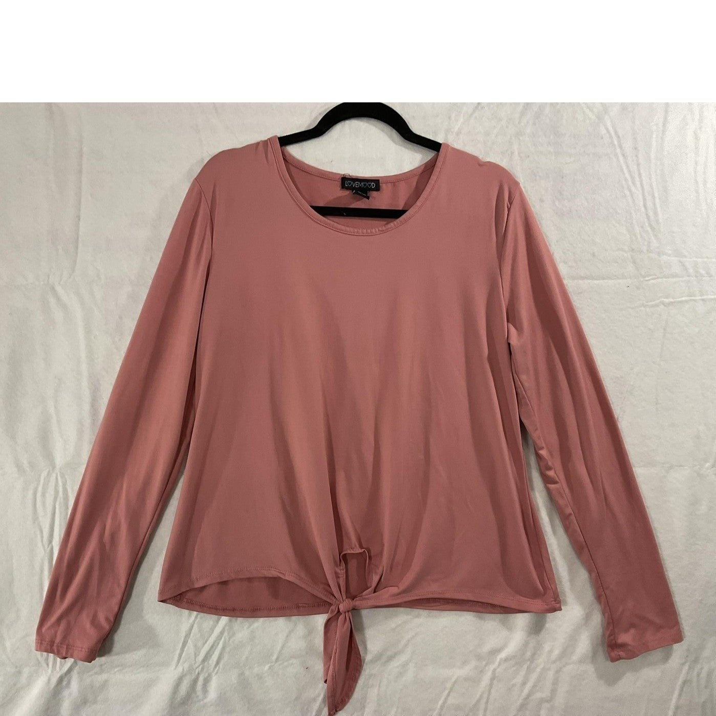 LOVEMOOD Shirt Womens Large Pink Tie Front Long Sleeve Crew Neck Stretch Top