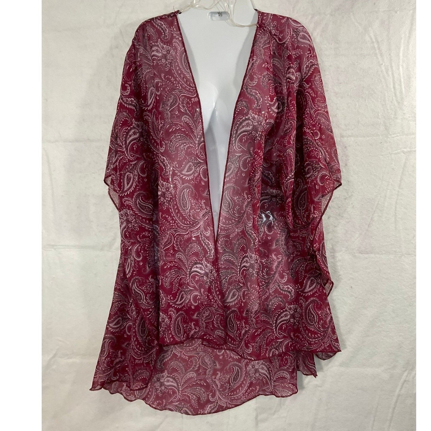 PerSeption Concept Kimono Cardigan Women L Maroon Paisley Sheer Open Front Wrap