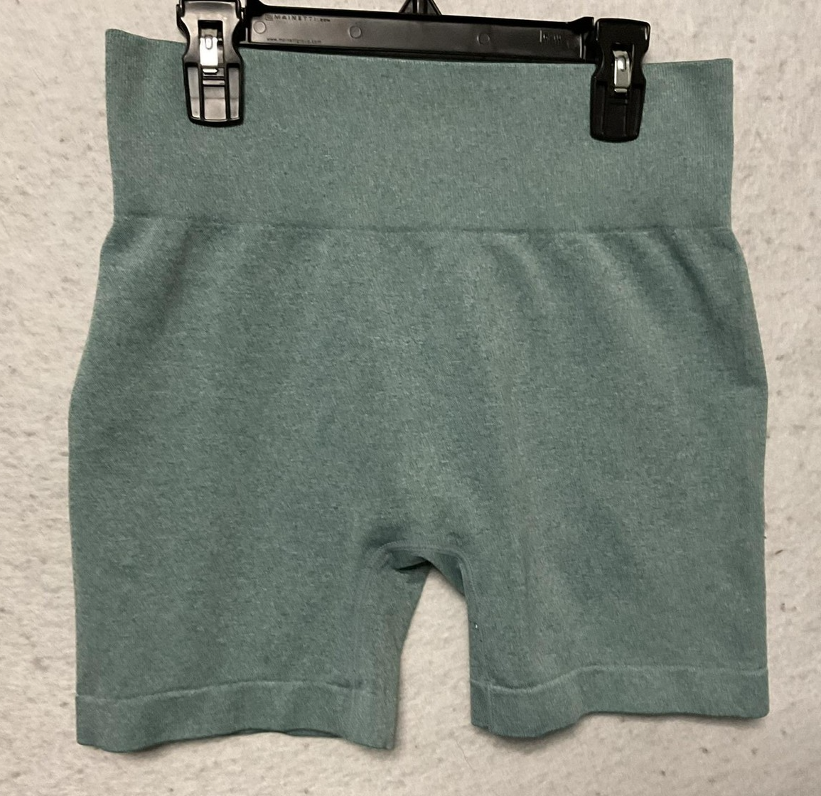 Biker Shorts Womens Large Green High Waist Ribbed Stretch Yoga Activewear