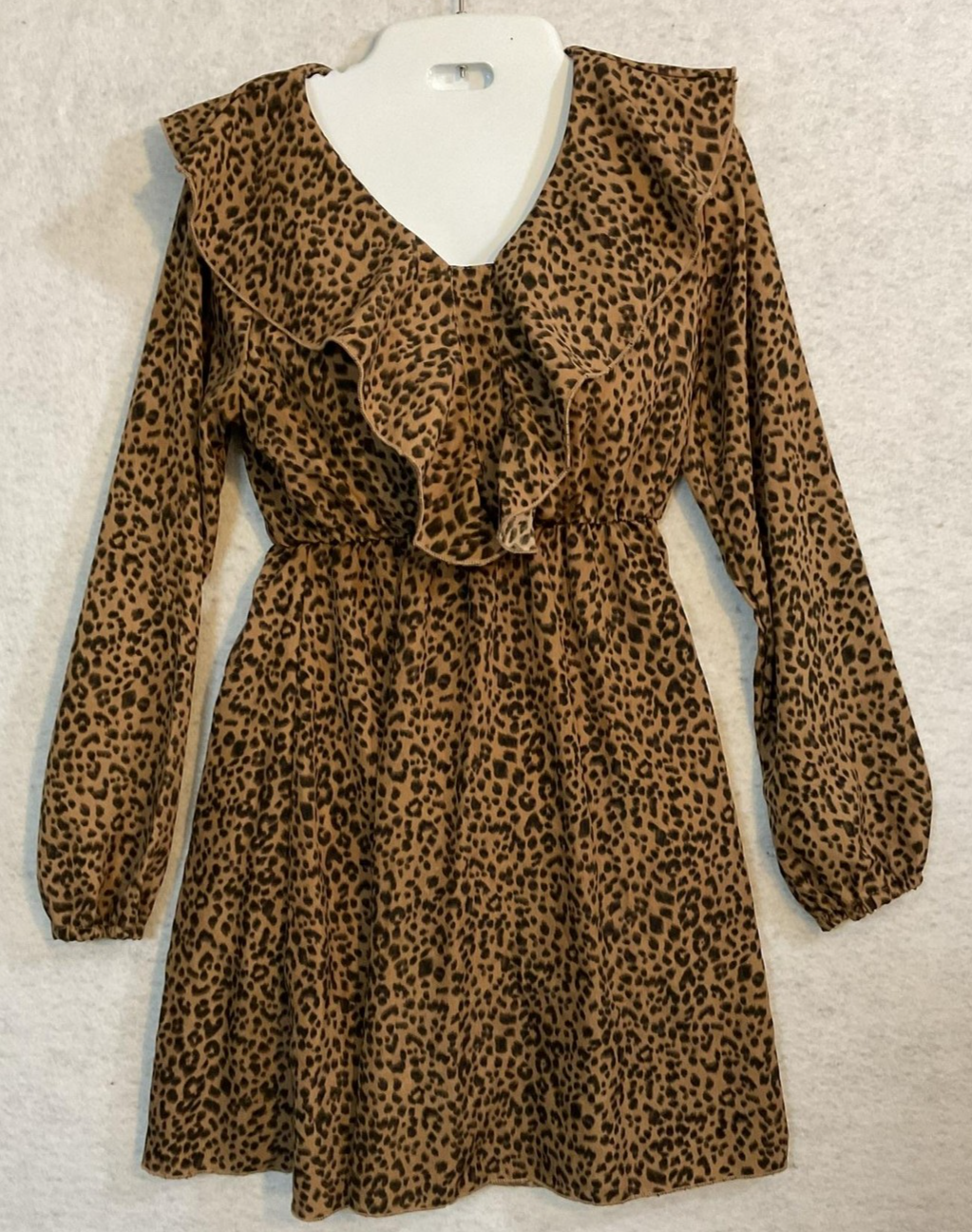 Leopard Print Dress Womens XS Brown Ruffle Long Sleeve V Neck Short Fit Flare